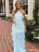 Light Blue Halter Open Back Sheath Tiered Evening Gown Long Evening Party Prom Dresses ,WGP1298