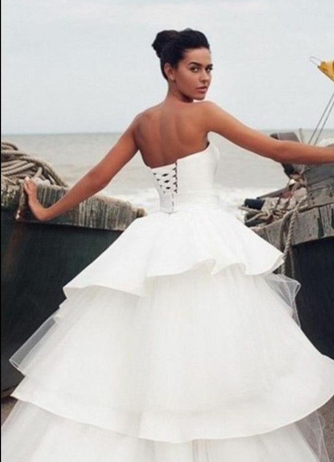 Elegant White Sleeveless Strapless Tulle Sweetheart Side Slit A-Line Long Wedding Dresses,WGP219