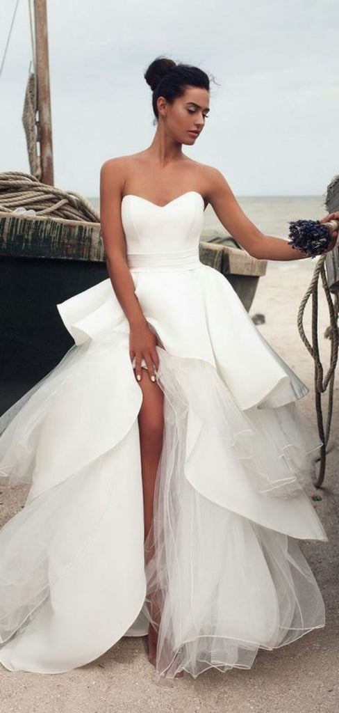 Elegant White Sleeveless Strapless Tulle Sweetheart Side Slit A-Line Long Wedding Dresses,WGP219