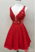 Red Lace Appliques Plunging A-line Graduation Party Short Homecoming Dresses, QB0794