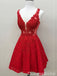 Red Lace Appliques Plunging A-line Graduation Party Short Homecoming Dresses, QB0794