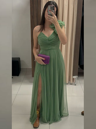 Green One Shoulder A-line Party Dress Long Prom Dresses to Impress ,WGP1589