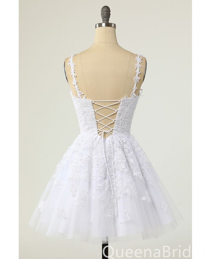 White Appliques V Neck A-line Graduation Party Short Homecoming Dresses, QB0795