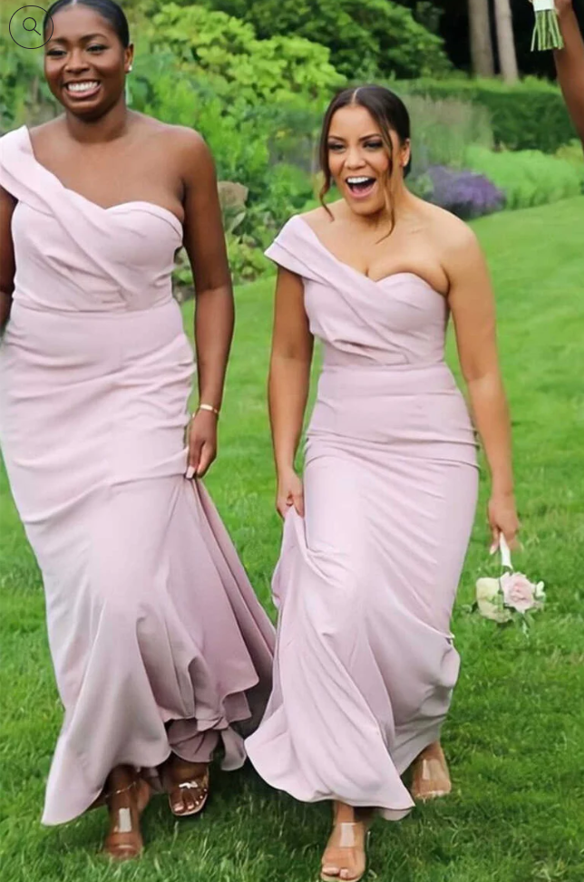 Elegant Pink One Shoulder Mermaid Long Bridesmaid Dresses , BDS0163