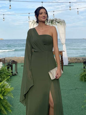 Elegant Green One Shoulder A-line Party Dress Long Prom Dresses to Impress ,WGP1590