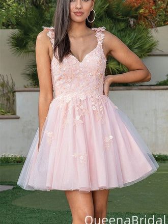 Gorgeous Spaghetti Strap V-neck A-line Short Mini Homecoming Dress,QB1001