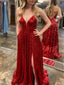 Shiny Red Plunging Lace up Back A-line Party Dress Long Prom Dresses to Impress ,WGP1591