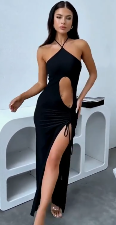 Sexy Black Mermaid Halter Cutout High Slit Long Evening Gown Prom Dresses,WGP565