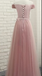 Elegant Blush Pink Off the Shoulder Lace up Back A-line Party Dress Long Prom Dresses to Impress ,WGP1592