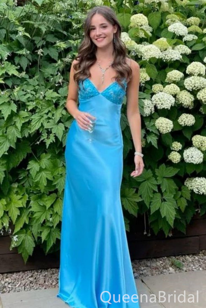 Blue Spaghetti Straps Appliques Sheath V Neck Evening Gown Maxi Long Evening Party Prom Dresses  ,WGP1110