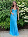 Blue Spaghetti Straps Appliques Sheath V Neck Evening Gown Maxi Long Evening Party Prom Dresses  ,WGP1110