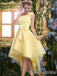 Light Yellow One Shoulder Lace Appliques Graduation Party Short Homecoming Dresses with Bow Knot, QB0800