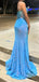 Sexy Bright Blue Mermaid Sequin Spaghetti Strap Side Slit Long Evening Prom Dresses,WGP422
