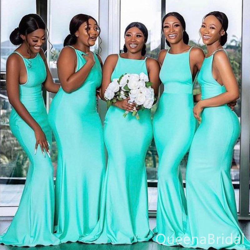 Green Square Neck Mermaid Spaghetti Straps Long Bridesmaid Dresses ,BDS0210