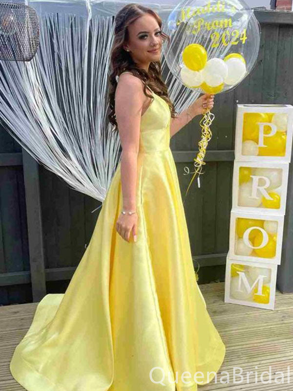 Elegant Yellow Spaghetti Straps A-line Party Dress Long Prom Dresses t QueenaBridal Elegant Yellow Spaghetti Straps A-line Party Dress Long Prom Dresses t QueenaBridal