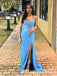 Sexy Bright Blue Mermaid Sequin Spaghetti Strap Side Slit Long Evening Prom Dresses,WGP422
