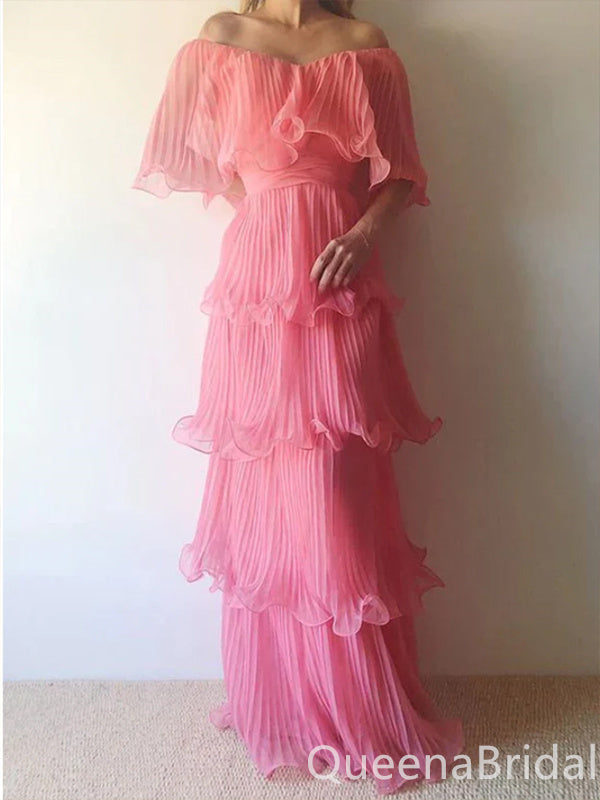 Pink Off Shoulder Layer Evening Gown Maxi Long Evening Party Prom Dresses ,WGP1186