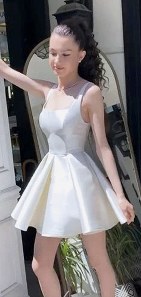 Elegant White Ruffle Spaghetti Straps Short Homecoming Dresses, QB0370