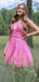 Elegant Pink Spaghetti Straps Appliques Lace V Neck Short Homecoming Dresses,QB0389