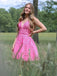 Elegant Pink Spaghetti Straps Appliques Lace V Neck Short Homecoming Dresses,QB0389