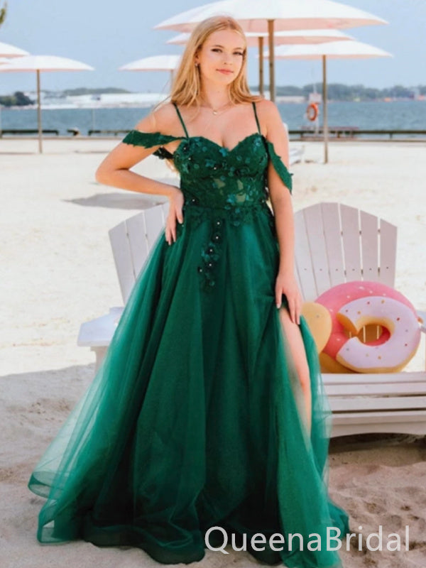 Charming Unique Green Off the Shoulder Spaghetti Straps Appliques Tulle Long Evening Gown Prom Dresses with Side Slit,WGP579