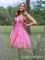 Elegant Pink Spaghetti Straps Appliques Lace V Neck Short Homecoming Dresses,QB0389