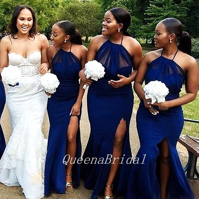 Sexy Halter Dark Blue Illusion Side Slit Mermaid Long Cheap Bridesmaid Dresses,BDS0165