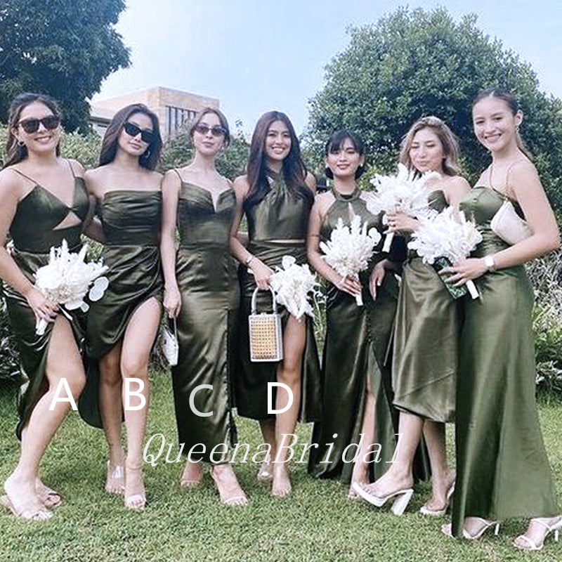 Mismatched Dark Green Soft Satin Mermaid Long Cheap Elegant Bridesmaid Dresses, BDS0160