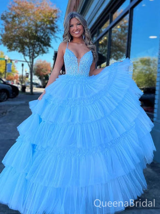 Gorgeous Blue A-line V-neck Spaghetti Straps Long Formal Gown to Impress,WGP1751