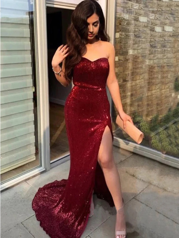 Sexy Red Mermaid Side Slit Maxi Long Party Prom Dresses, Wedding Party Dresses,WGP298