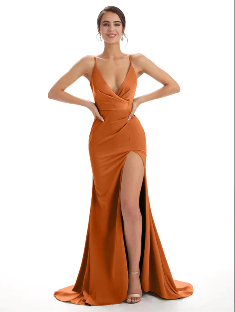 Mismatched Burnt Orange Mermaid Side Slit Maxi Long Bridesmaid Dresses, BDS0134