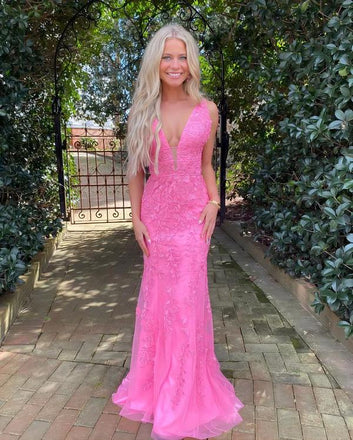 Hot Pink Mermaid V-neck Long Lace Party Prom Dresses,Evening Dresses,WGP382
