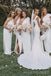Simple White Mermaid One Shoulder Side Slit Maxi Long Bridesmaid Dresses,BDS0147