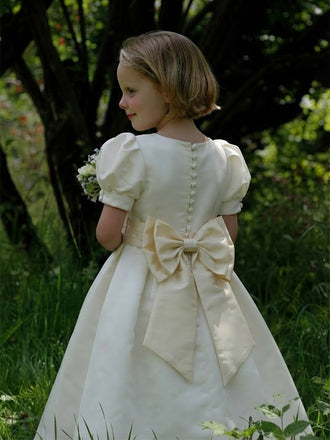 Graceful Ivory Round Neck Bow Sash A-line Long Flower Girl Dresses with Sleeves, FGS0064