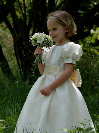 Graceful Ivory Round Neck Bow Sash A-line Long Flower Girl Dresses with Sleeves, FGS0064