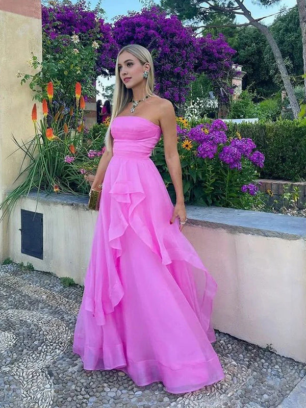 Elegant Hot Pink Strapless Ruffles A-line Evening Gown, Prom Dress, WGP2286