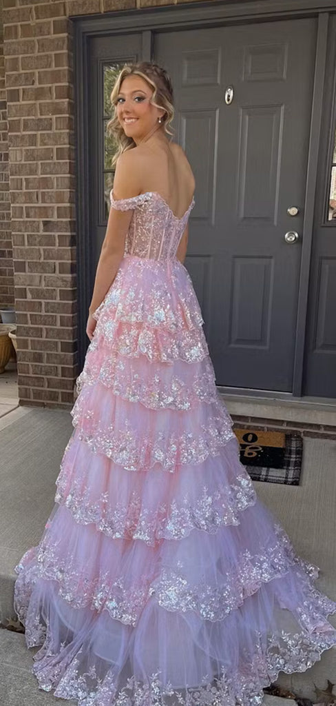 Elegant Pink Off Shoulder A-line Sequins Ruffles Side Slit Lace Up Back Long Prom Dresses,WGP412
