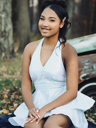 Sparkly White Halter Straps Homecoming Dress Graduation Party Dress , QB0891