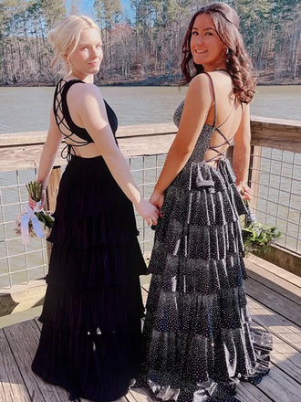 Popular Black Spaghetti Straps V-neck A-line Long Formal Gown to Impress,WGP1803