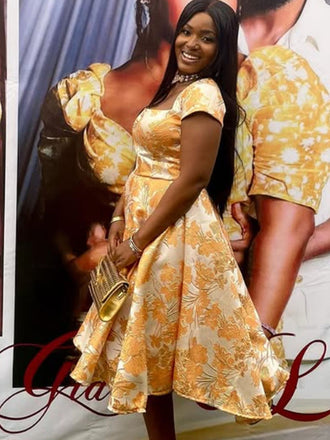 Elegant Yellow Short Sleeve A-line Long Formal Gown to Impress,WGP1783