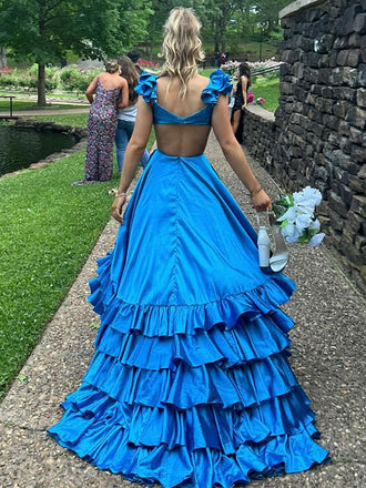 Popular Blue V-neck Slit A-line Long Formal Gown to Impress,WGP1793