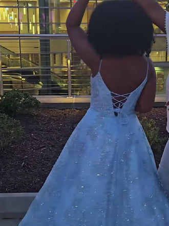 Popular Blue Spagehetii Straps A-line Long Formal Gown to Impress,WGP1791