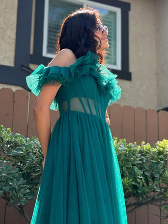 Elegant Green Off-shoulder A-line Long Formal Gown to Impress,WGP1786
