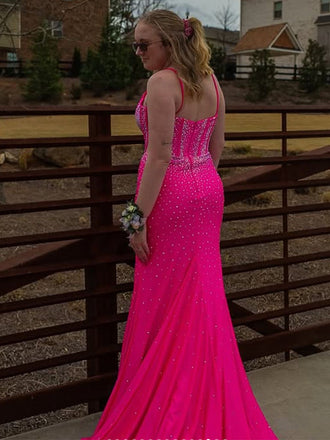 Sparkly Pink V-neck Mermaid Long Formal Gown to Impress,WGP1799