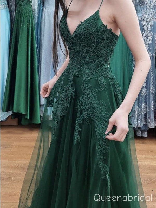 Elegant Green Spaghetti Strap A-line Lace Tulle Prom Dress, Evening Dress, WGP2279