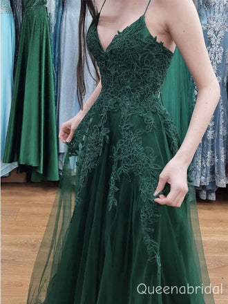 Elegant Green Spaghetti Strap A-line Lace Tulle Prom Dress, Evening Dress, WGP2279