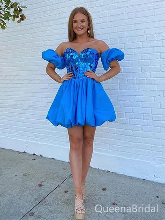Sparkly Blue Off-shoulder Homecoming Dress Graduation Party Dress , QB0937