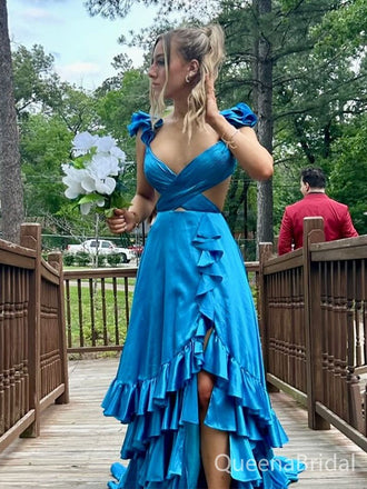 Popular Blue V-neck Slit A-line Long Formal Gown to Impress,WGP1793