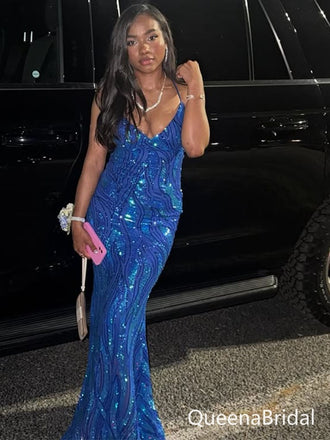 Elegant Blue Spaghetti Straps Mermaid Long Formal Gown to Impress,WGP1879