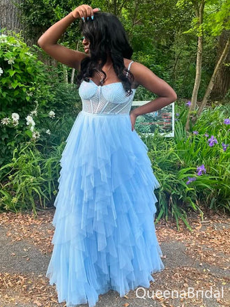 Sparkly Blue Spaghetti Straps A-line Long Formal Gown to Impress,WGP1887